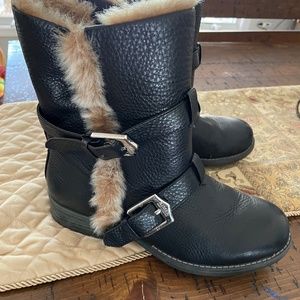Women's sz 10 FAUX FUR LINED LEATHER BOOTS-BIKER DOUBLE BUCKLE  AIMEE KESTENBERG
